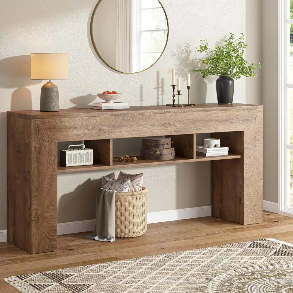

63" Long Console Table for Entryway with Storage, Wood Sofa Table Behind Couch with 3 Open Storage Shelves, Farmhouse Hallway