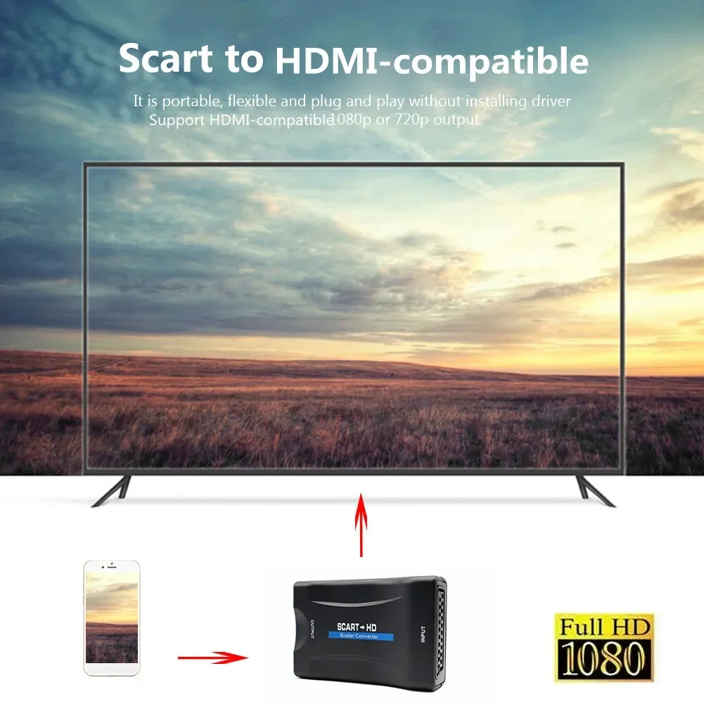 1080P SCART HDMI-compatible Video Audio Converter with USB Cable For HDMI Sky Box DVD Television Signal Upscale Converter