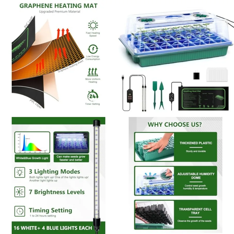 Seed Starter Kit with Grow Light and Graphene Heating Mat, Reusable Seed Starter Tray with Higher 4.7"Humidity Domes, Garden Pl