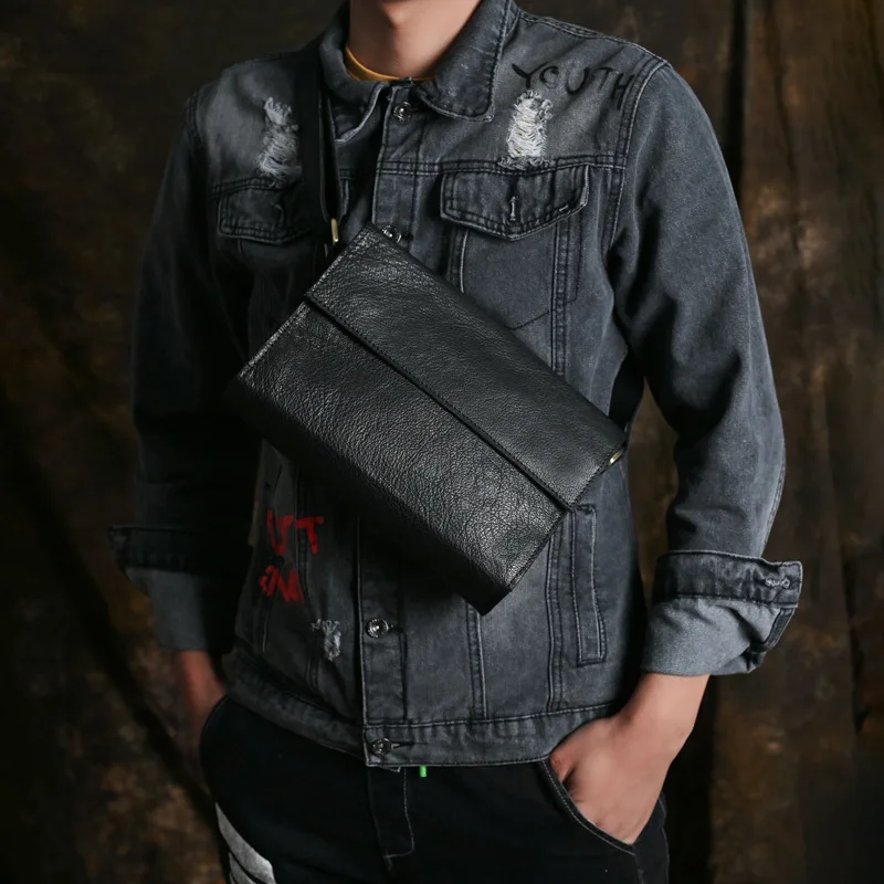 Black Textured Leather Genuine Cowhide Crossbody Shoulder Bags for Men Minimalist Casual Daily Envelope Bag
