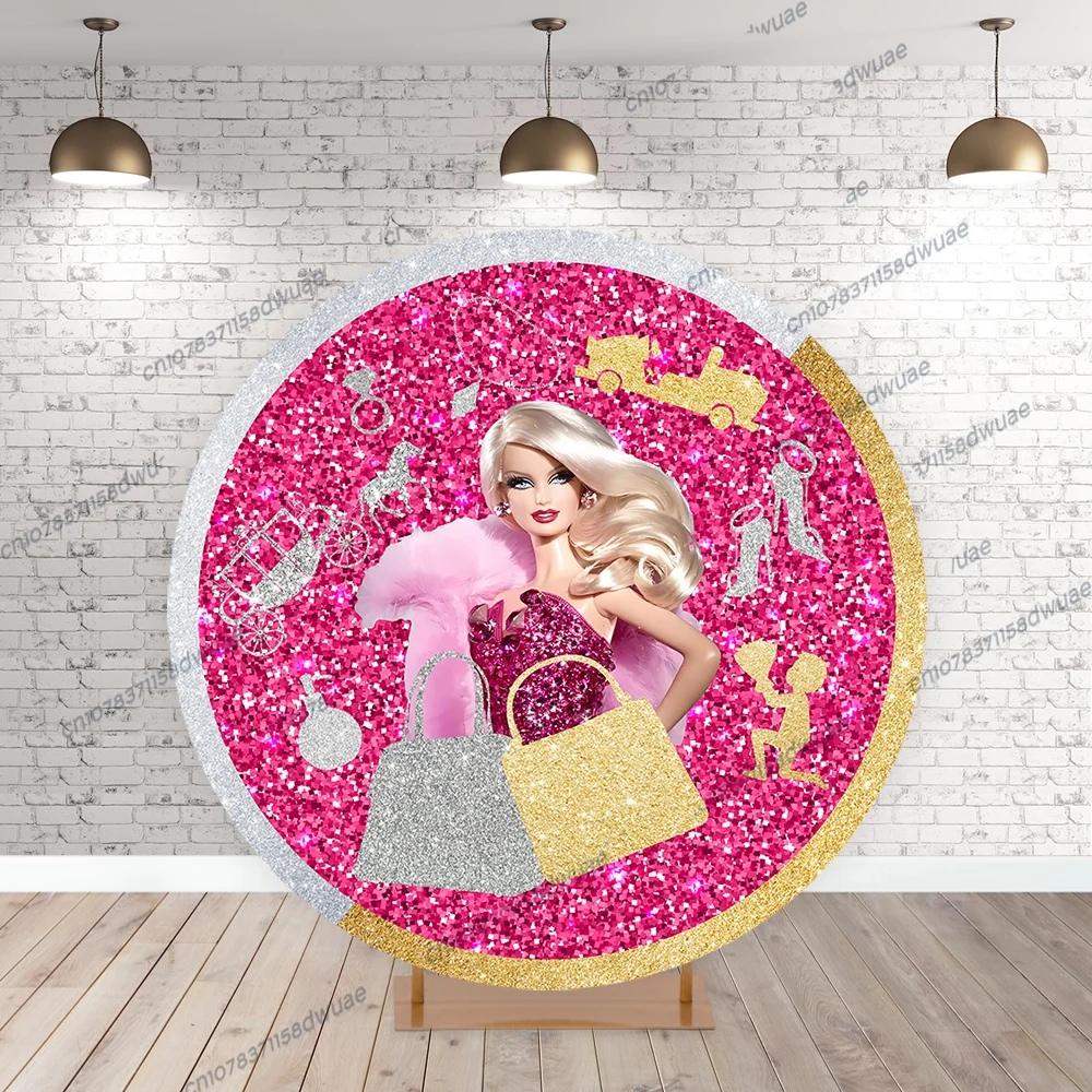 

Barbie Princess Party Photo Backdrop Girl Birthday Photography Background Pink Round Photo Background