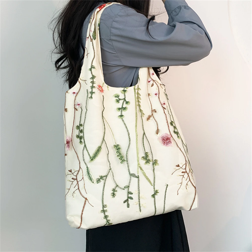 Ladies Embroidery Canvas Bag Large Capacity White Flower Mesh Bag Summer Travel Beach Bag Student Class Bookbag Aesthetic Bag