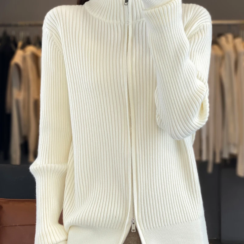 Winter Women Knitwear Cashmere Wool Cardigan Fashion Sweater High collar Long sleeves Double Zipper Style Warm Soft Basics Tops