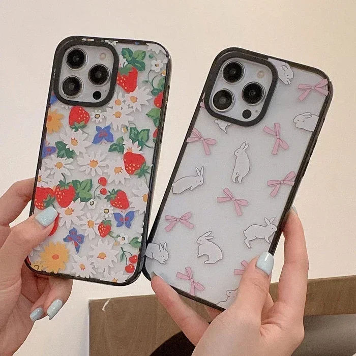 2.0 Acrylic Upgrade Border Flower Strawberry Phone Case Cover for iPhone 11 12 13 14 15 16 Pro Max Case for iPhone 16 Pro