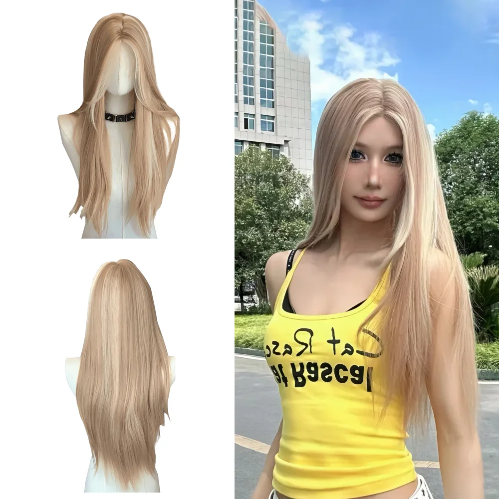 

Т-образный парик с фронтальным кружевом, синтетические волосы, золотисто-коричневые с мелированием, прямые волосы, подходит для повседневного ношения и вечеринок, термостойкий парик для женщин