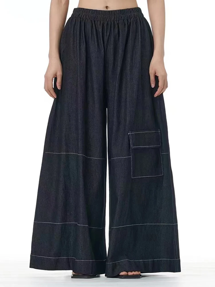 [EAM] High Waist Black Topstitched Pockets Denim Long Wide Leg Jeans New Women Trousers Fashion Tide Spring Autumn 2024 1DH8219