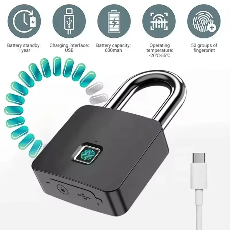 Electronic Fingerprint Big Smart Padlock IP67 Waterproof Portable Patio Garage Door Locks With Key