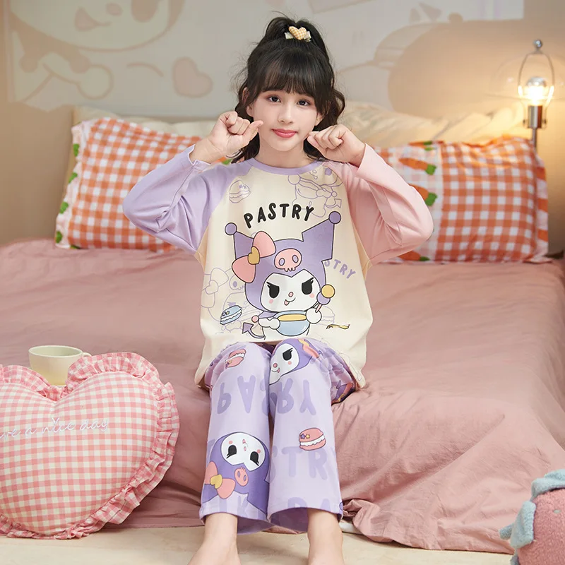 Sanrio-Pijama de algodón puro de Hello Kitty para niños, conjunto de ropa de estar por casa con dibujos animados de oso de fresa, novedad de otoño