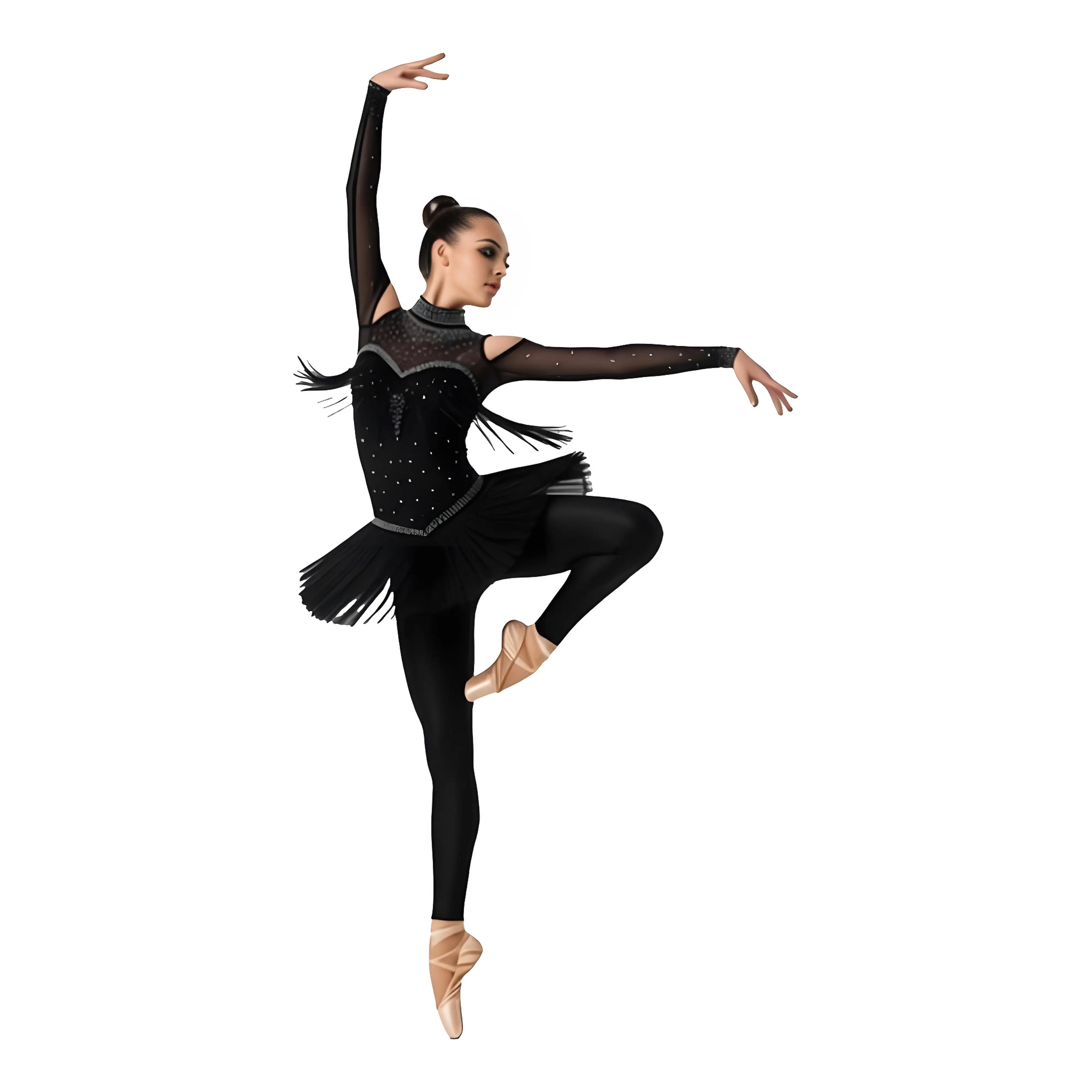 

Women Fringed Dance Leotard Jumpsuit Glittery Rhinestones Mesh Tiered Tassel Bodysuit for Stage Figure Skating Gymnastics Dance