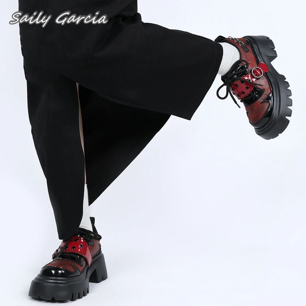 [Demon's bloodbloodoriginal desain Glossy Chunky Heel seksi sepatu bot sepergelangan kaki sepatu kasual gaya Punk Sfumato 2024 sepatu Platfom jari bulat