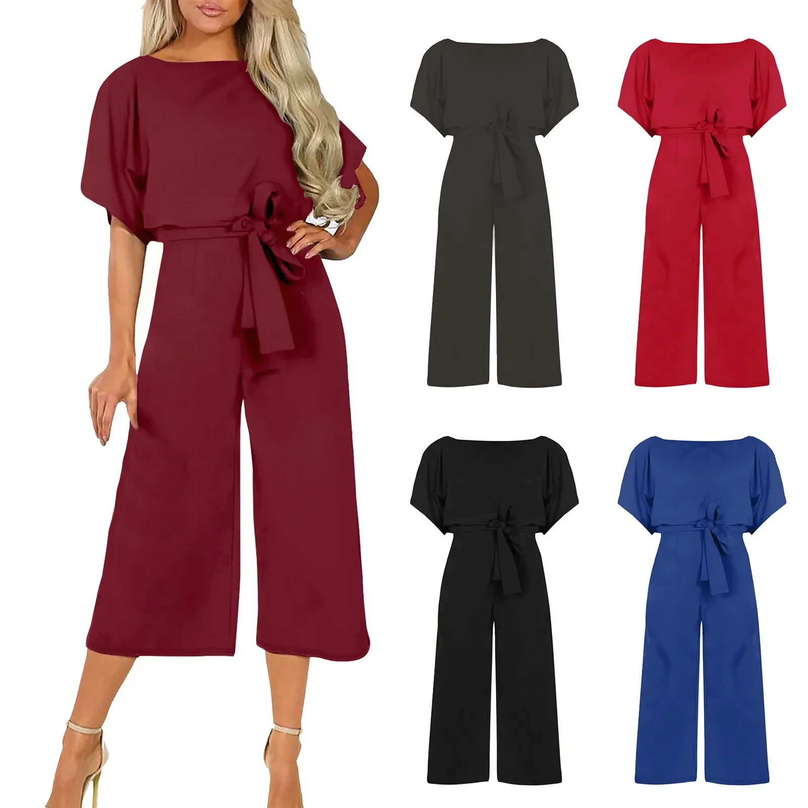 

Elegant Summer Jumpsuit Women Round Neck Wide Leg Rompers Solid Color Lace Up Party Overalls Female Loose Ol Work Playsuits