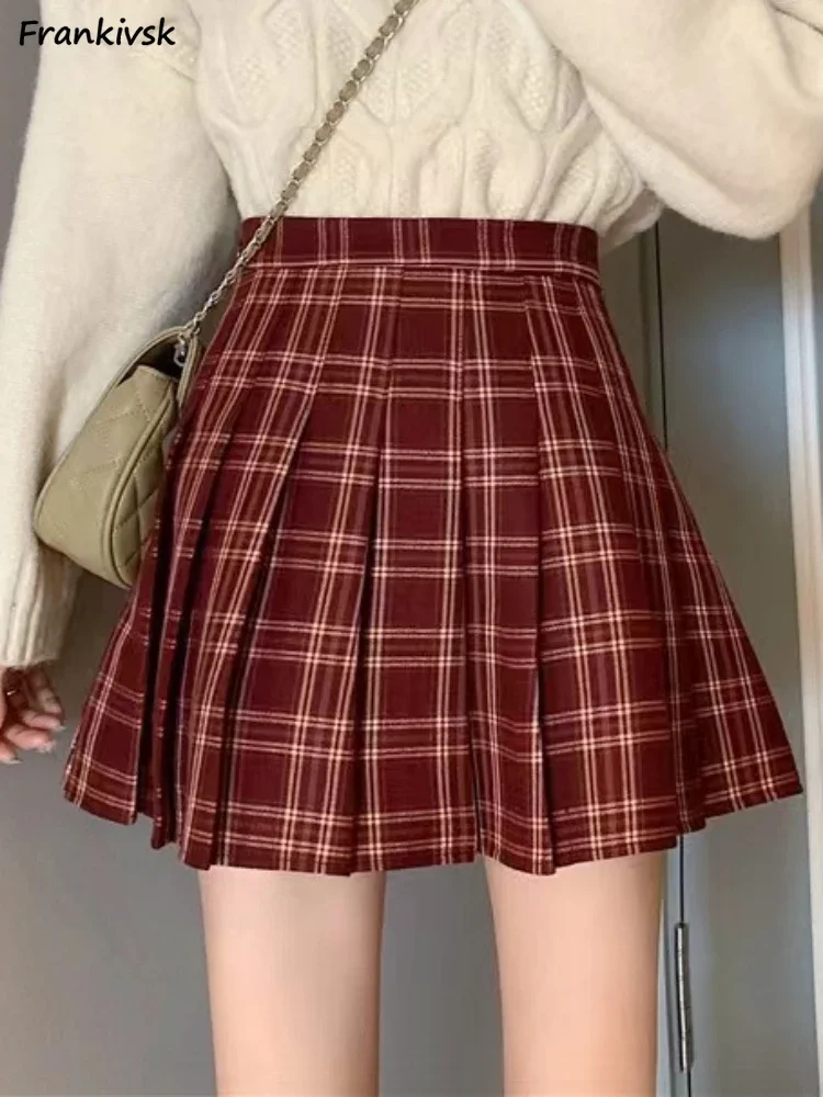 

Mini Skirts Women Plaid Classic Folds Streetwear Prevalent All-match Youthful Vitality Preppy Style Simple Chic Leisure Faldas