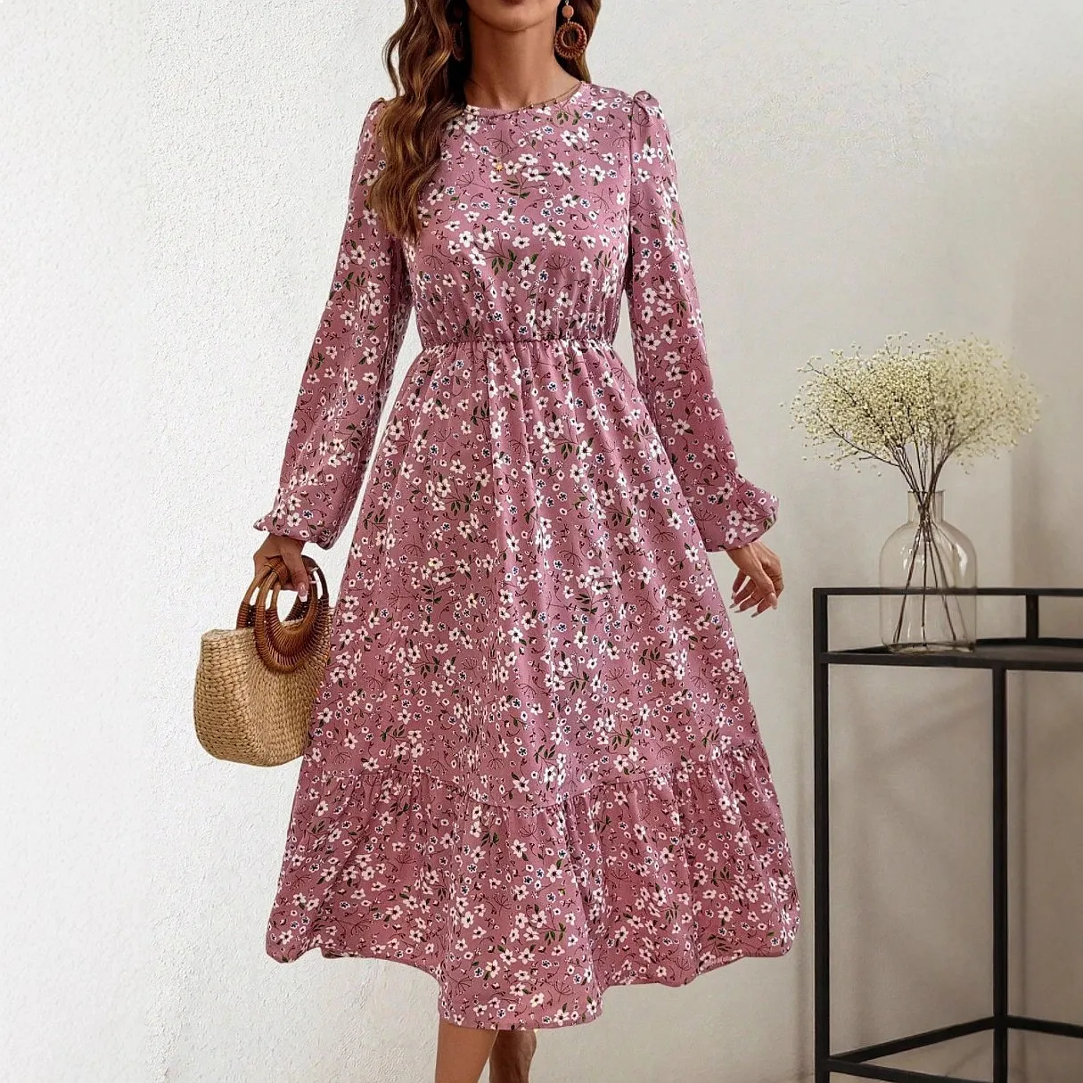 Kleid mit Langen Ärmeln Rundhalsausschnitt Bedruckt Tailliertes Maxikleid Frühling Sommer