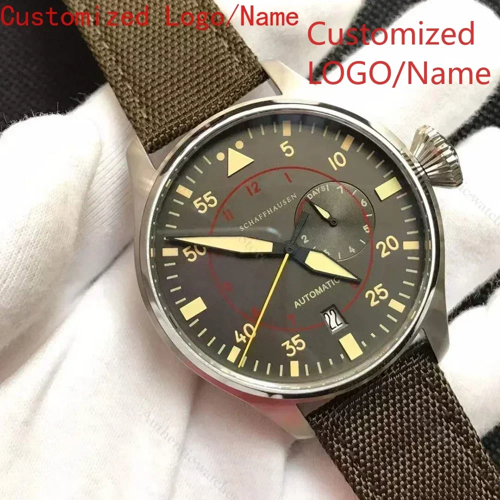 46 мм модные пилотные большие мужские автоматические механические часы спортивные черные коричневые кожаные коричневые из нержавеющей стали по индивидуальному заказу