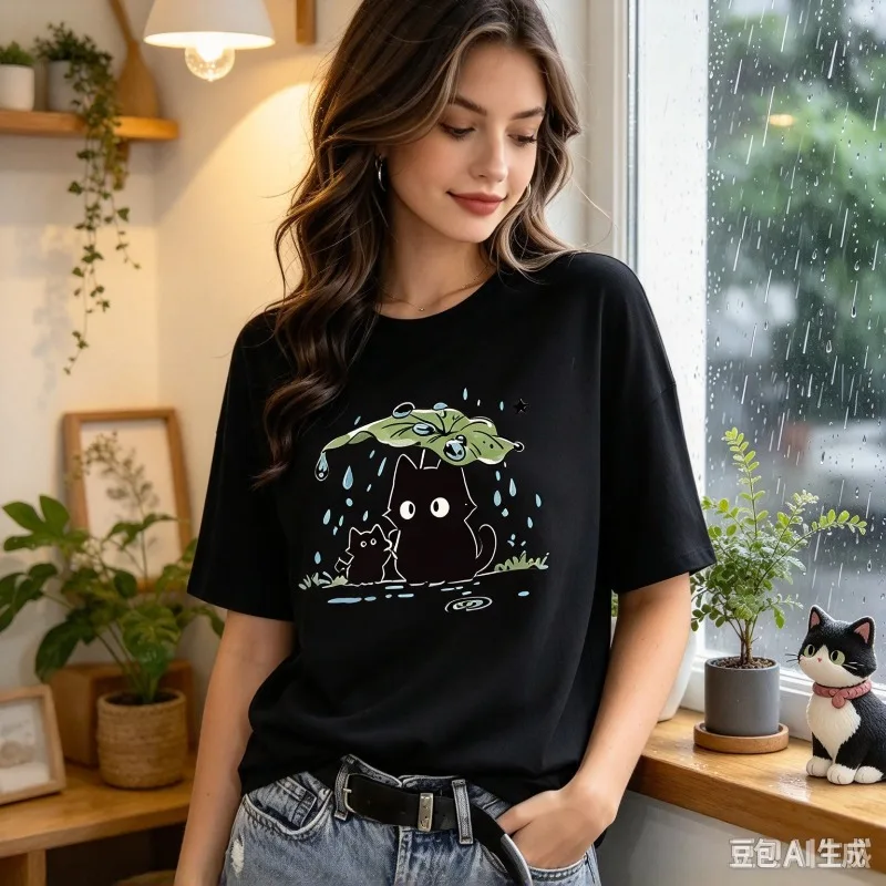 Women Black Cat Graphic T-Shirt Leaf Umbrella Star Rain Print Top Modal Casual Cat Lover Daily Gift Shirt