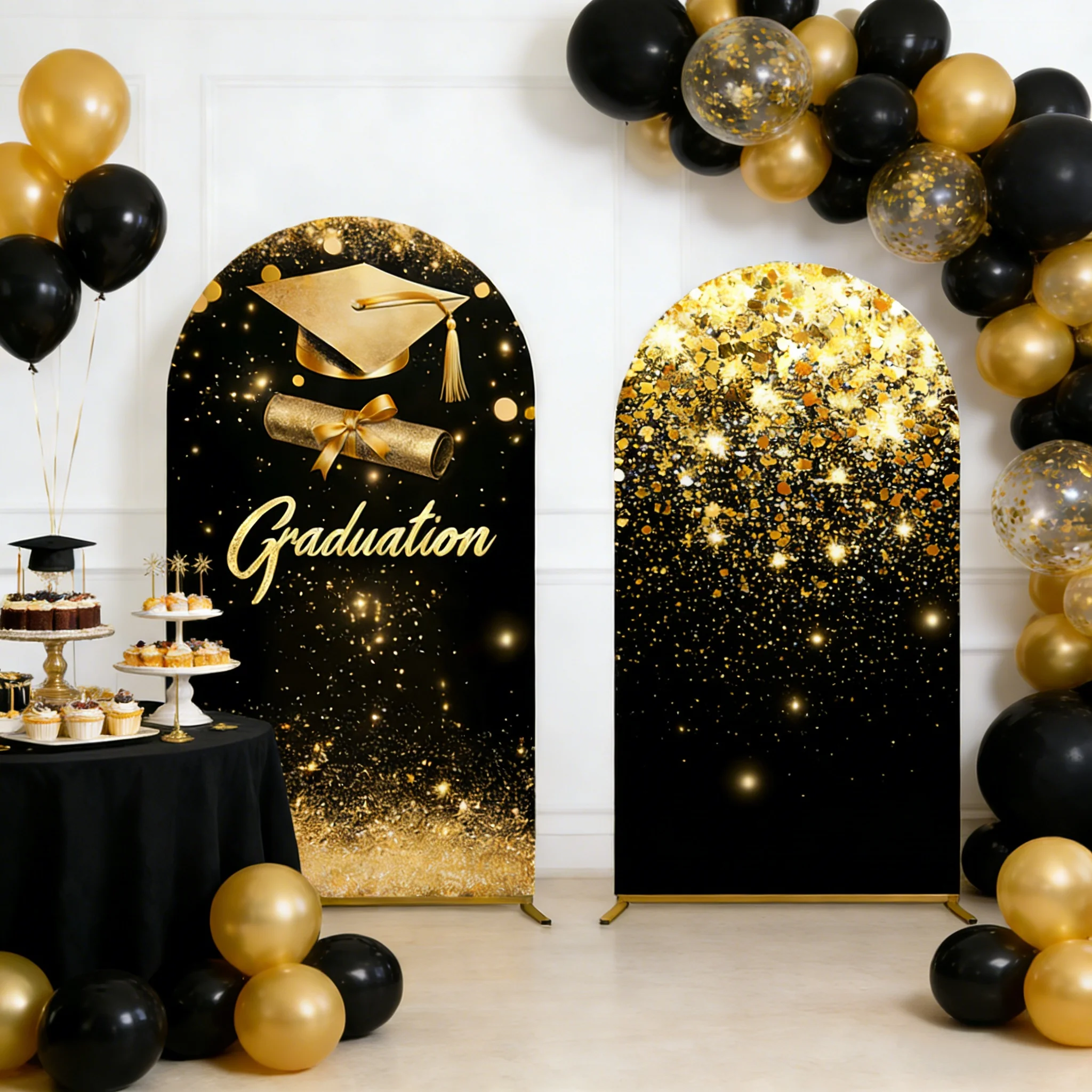 Graduation Cap Diploma Arch Photography Backdrops Black Gold Glitter Marble Graduation Party Celebration Portrait Backgrounds