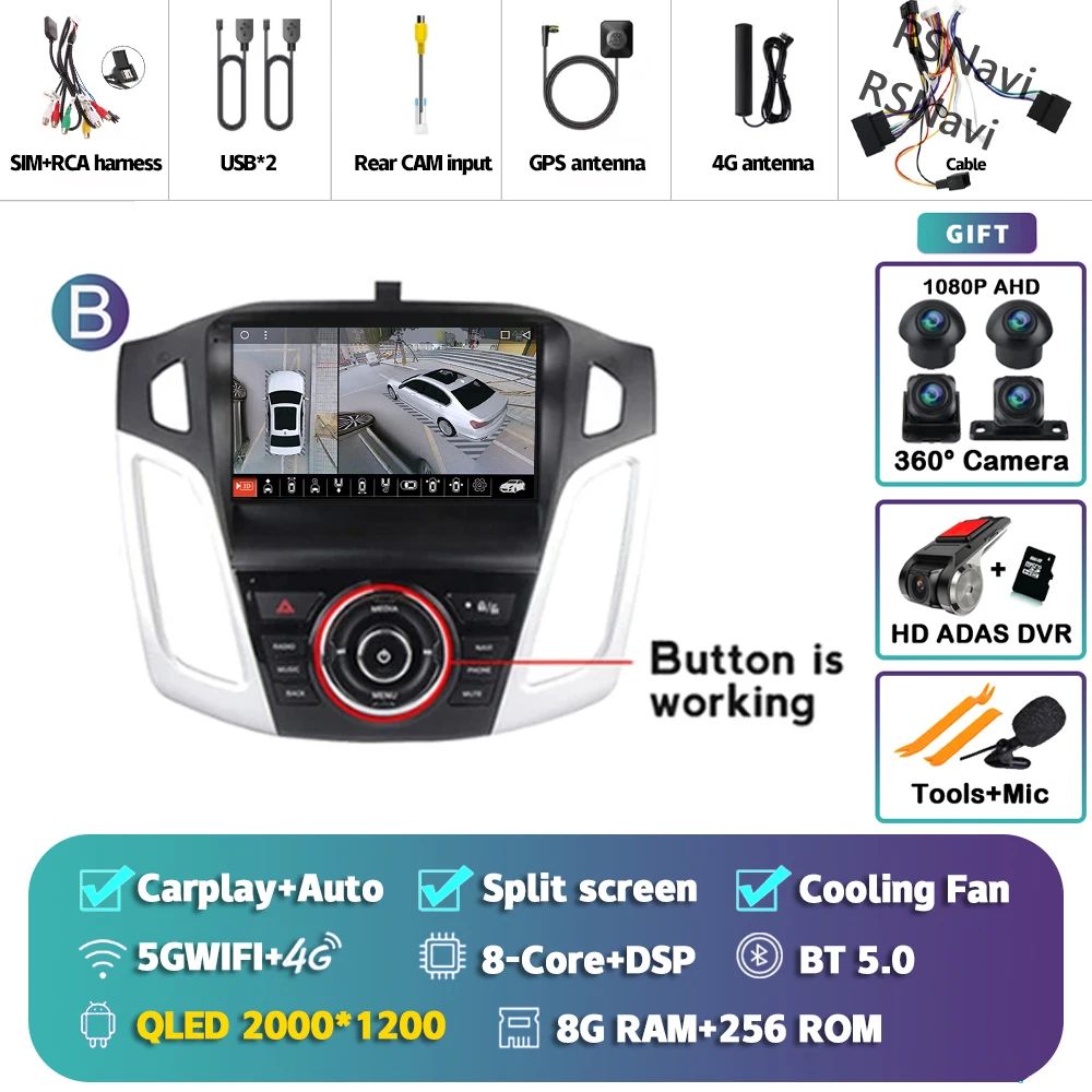 Android 15 Carplay Auto Autoradio Multimedia Speler voor Ford Focus 3 2011-2019 Autoradio Wifi+4G DSP GPS Stereo 2din Head Unit - afbeelding 1