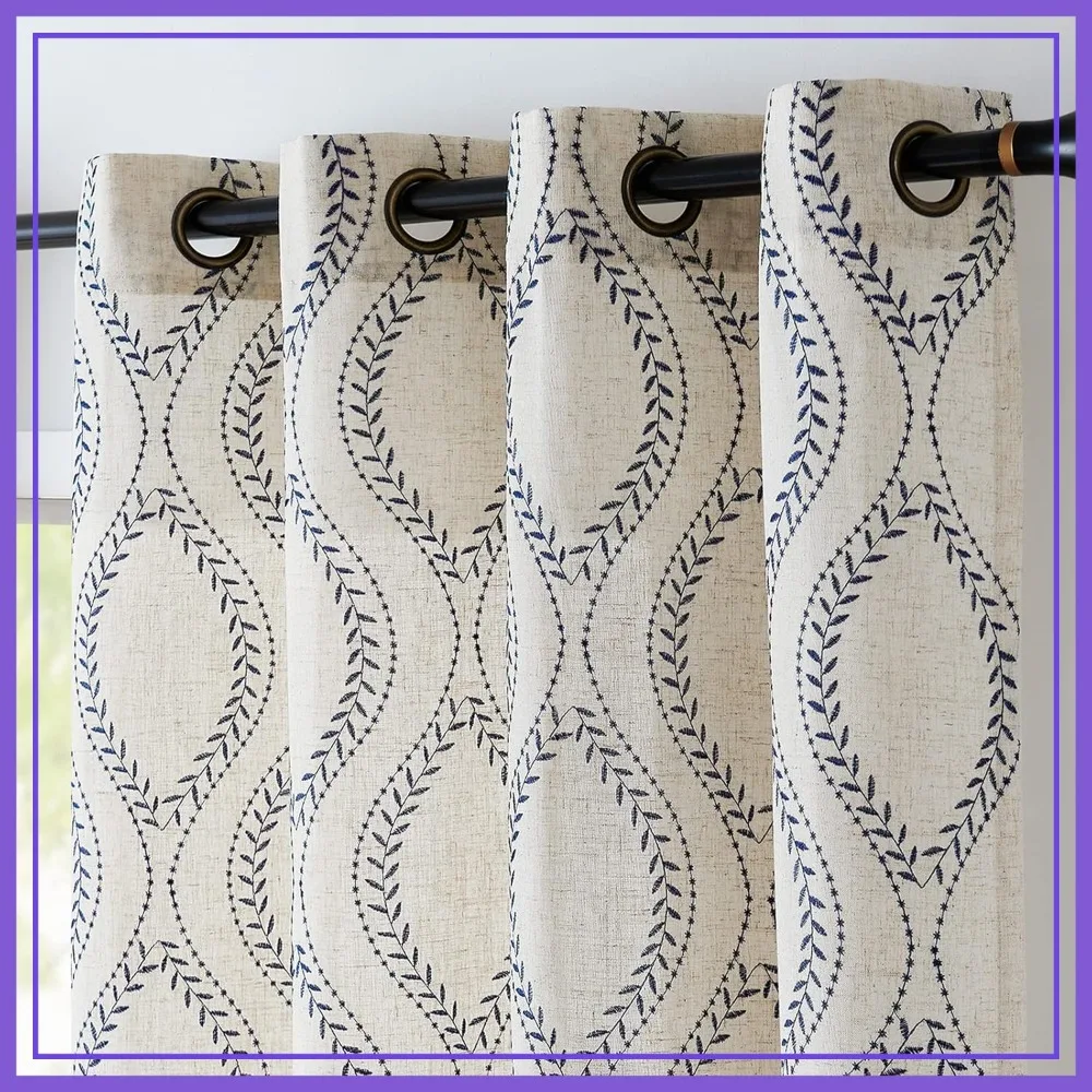 

Boho Linen Blend Beige Curtains 84 Inch 2 Panels Set Blue Embroidered Leaf Farmhouse Drapes Light Filtering Grommet