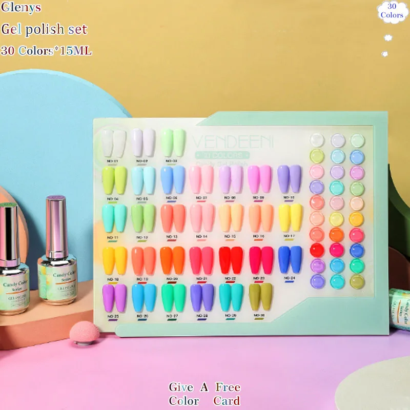 

Glenys 30 color nail polish glue popular semi permanent immersion gel color card UV LED nail salon art varnish set