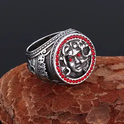 Fashion Stainless Steel Red Zircon Inlay Medusa Ring Handmade Quality Punk Hip Hop Ring Men's Party Club Finger Jewelry Gift