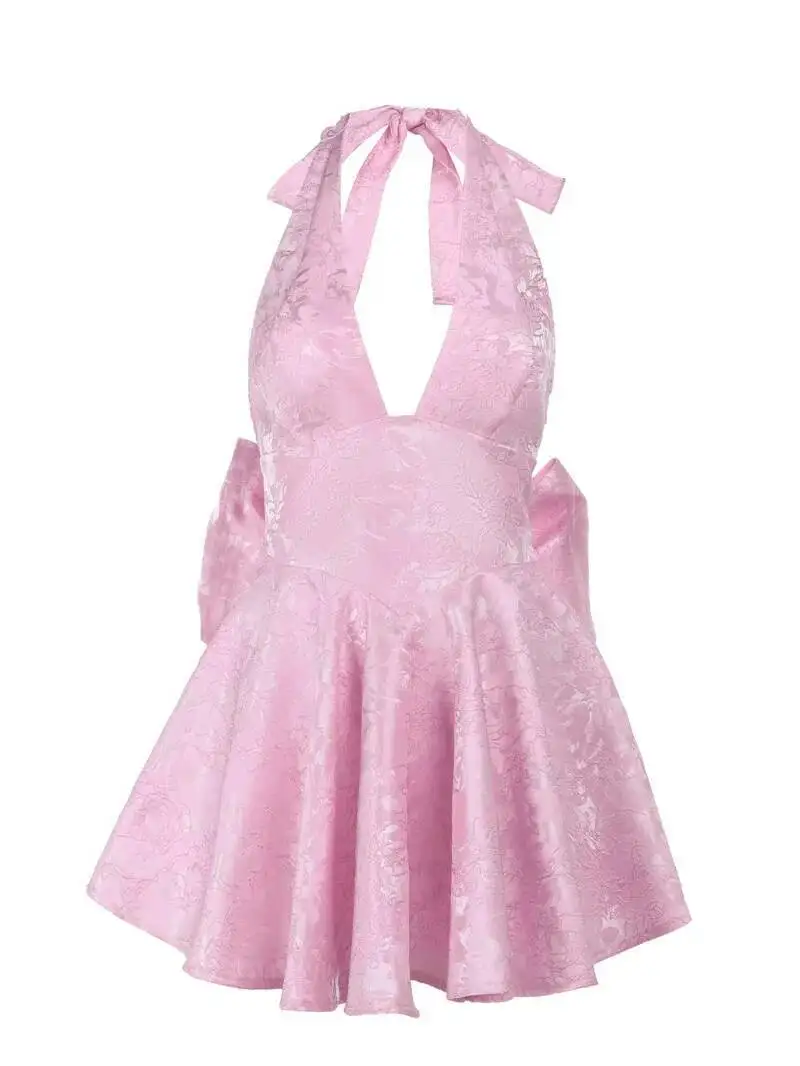 ジャカードウエストラップAラインドレス レディース ミニ丈 2024春夏 エレガントなリボン バックレス セクシー パーティードレス MEH8