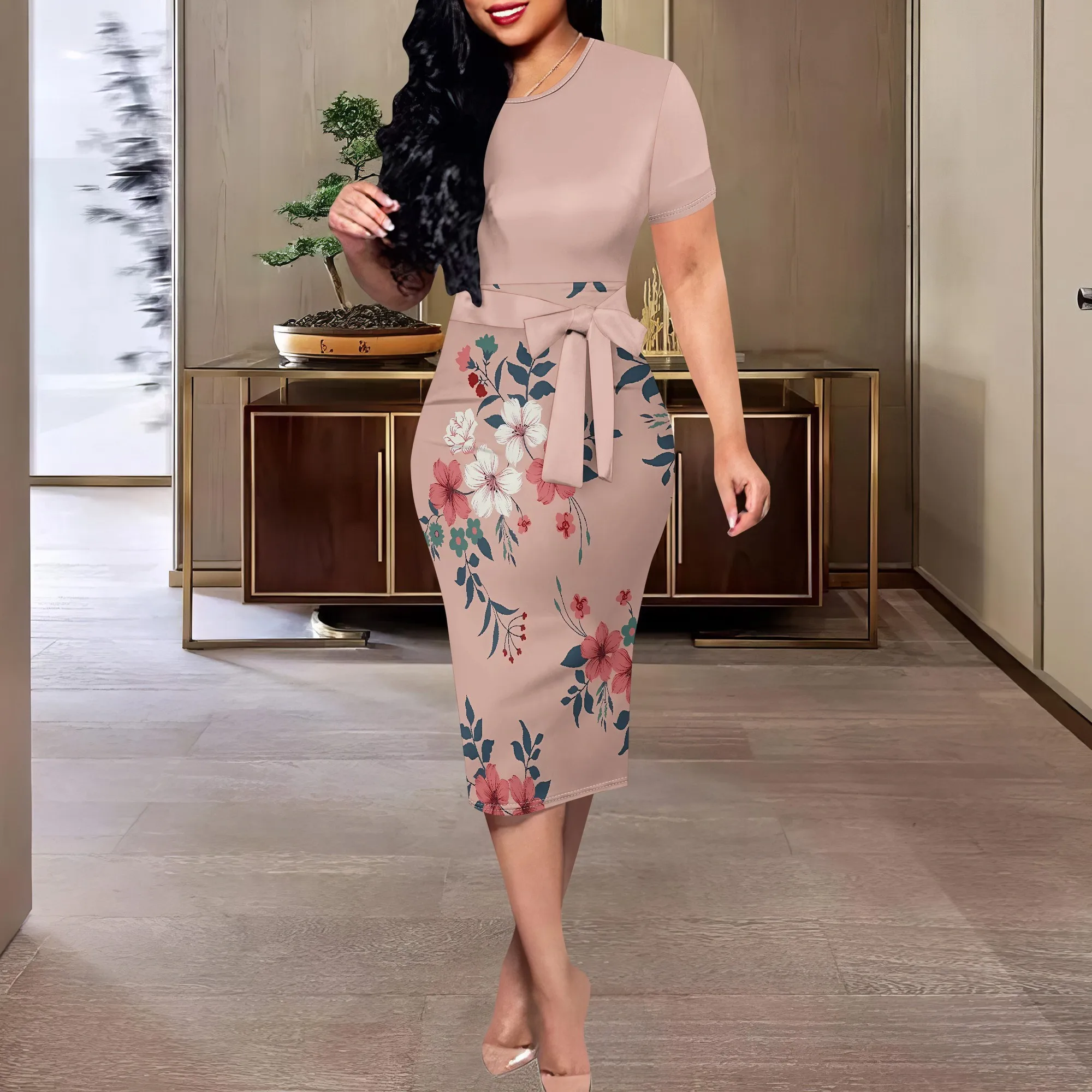 

Nupusa Floral Print Dress for Women Standard Size Summer Casual Crew Neck Short Sleeve Belted Dress