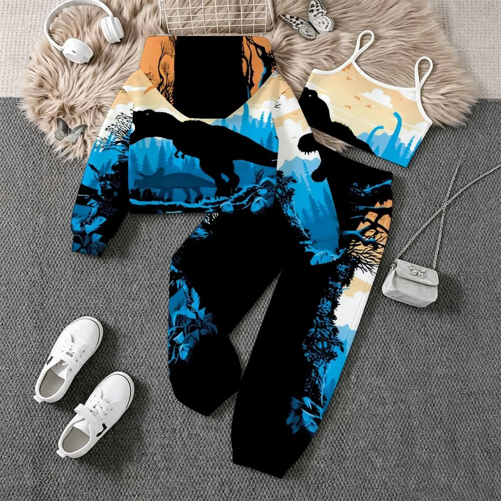 3pcs Autumn Coats Winter Jogging Pants Girls Daily Wear Retro Three-Piece Set Children's Tops Fashion Vest Print Trousers