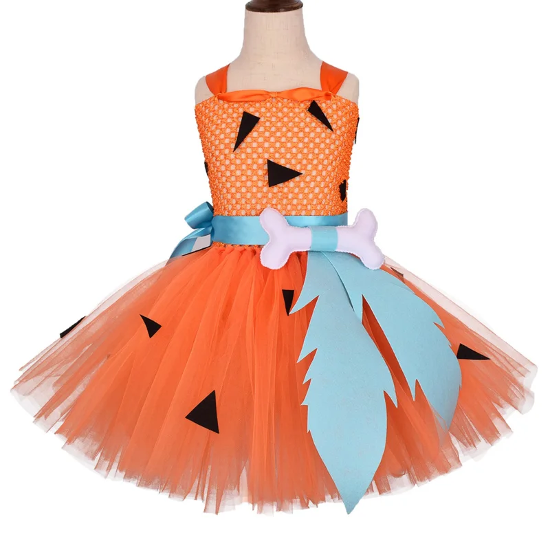 Latest pebbles Flintstones bone costume kids girl Halloween party dresses rode play cartoon tutu dress children Carnival clothes