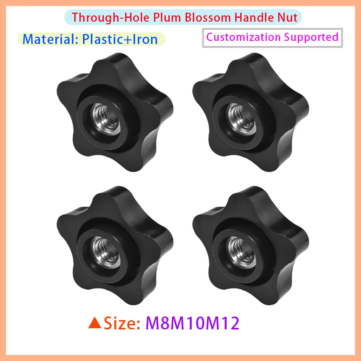 Black Nylon Knob with Threaded Through-hole and M8 M10 M12 Star Shaped Manual Tightening and Clamping Nut