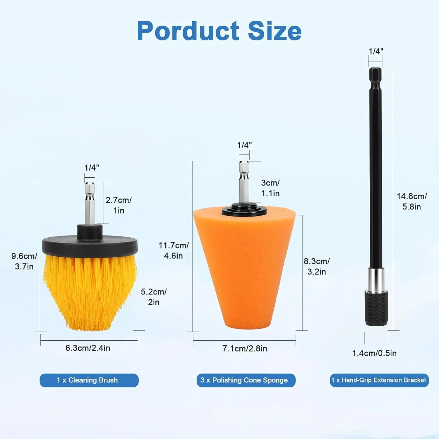 5PCS Drill Polishing Ball/Cone Set Car Wheel Polisher Sponge Pad Kit with Long Extension Pole Cleaning Brush Buffing Ball