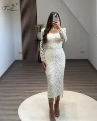 Simple White Tea-Length Cocktail Dresses Mermaid Square Neckline Prom Dresses Long Sleeves Gowns Customized Robes De Cocktail