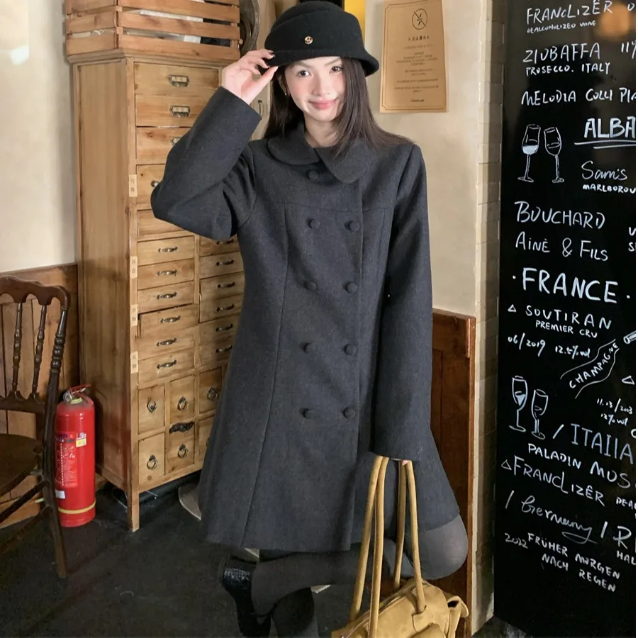 

Женское шерстяное пальто Thiened, хлопковое клетчатое двубортное пальто с кукольным воротником Jaet, длинное зимнее пальто в стиле ретро