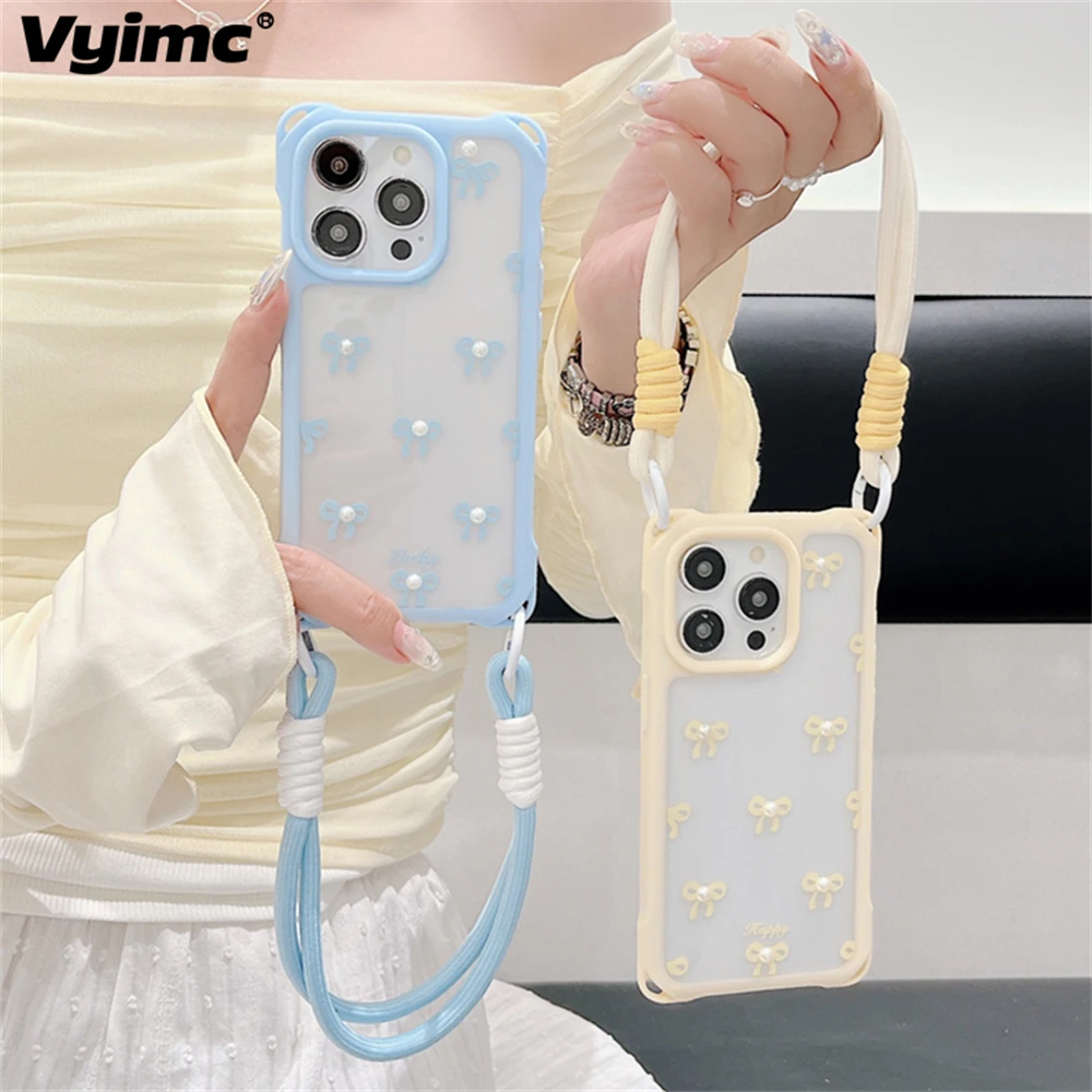 Fashion Cute Pearl Bowtie Candy Color With Wrist Strap Case For iPhone 15 14 13 Pro Max Four Corners Shockproof Clear Back Cover