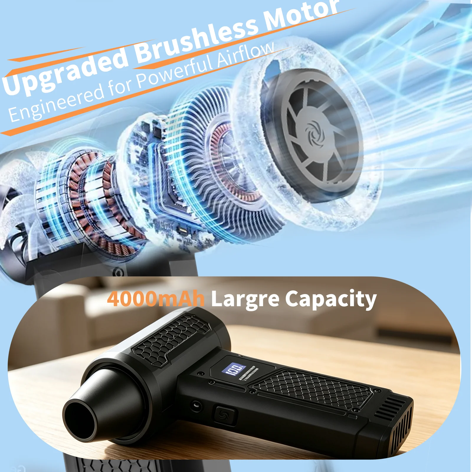Mini-Turbo-Jet-Ventilator, kabelloser Luftstaubsauger - Hochgeschwindigkeits-Brushless-Motor, LED-Display, wiederaufladbares Gebläse für PC, Auto, Haushaltsreinigung, 4000mAh Akkupack – Detail 2