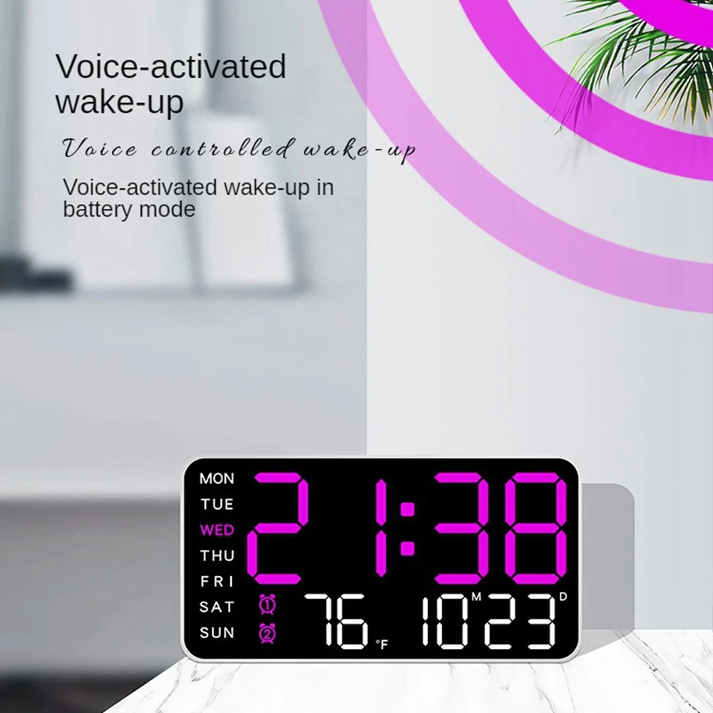 Large Digital Wall Clock Week Date Temperature Display Voice Control Table LED Alarm Clocks Brightness Adjustable 12/24H Clock