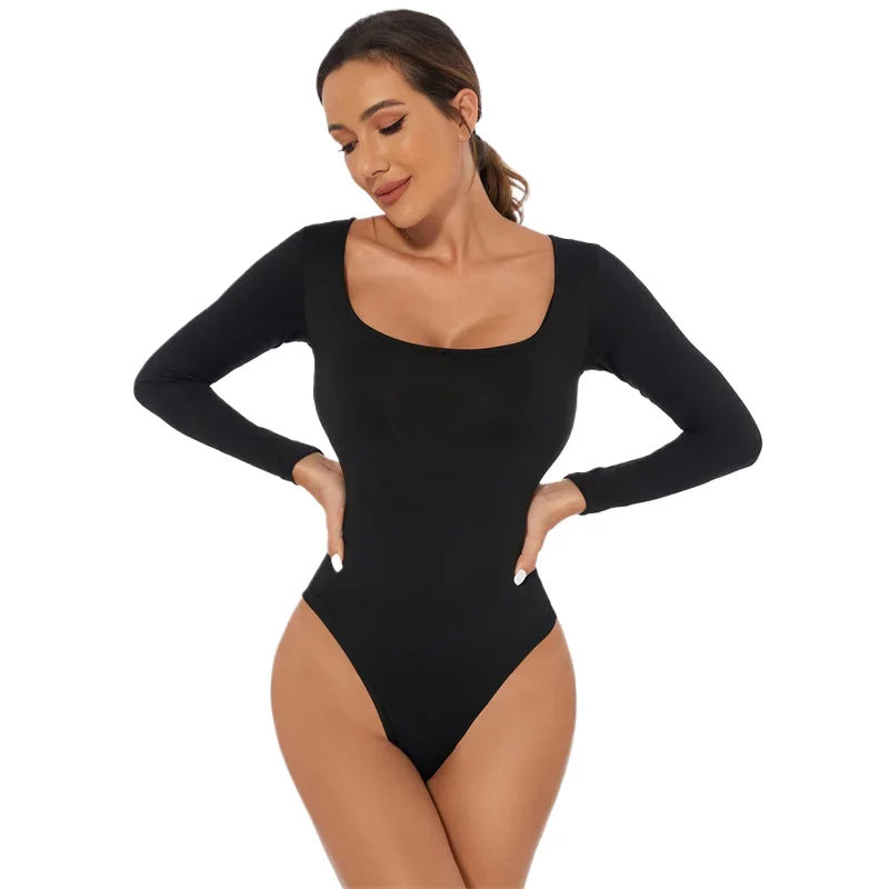 Jumpsuit Long Sleeve Women's Shaping Streetwear Tight Square Neck Crotch Protector Basic Black Sport Fit Shapewear