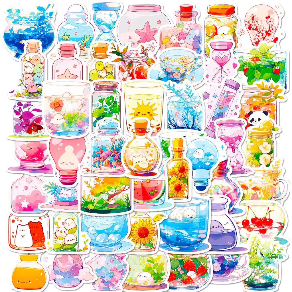 50 Stück bunte Gefäß-Graffiti-Aufkleber – Design „Welt in einem Glas“, einzigartige DIY-Aufkleber (Anime Worlds Store)