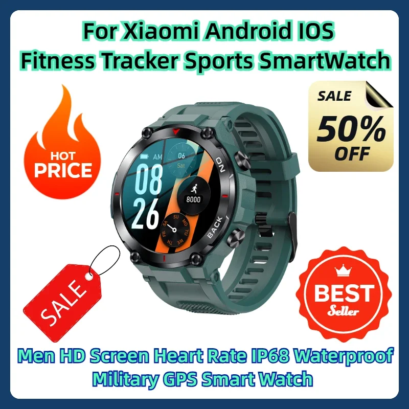 

For Xiaomi Android IOS Fitness Tracker Sports SmartWatch Men HD Screen Heart Rate IP68 Waterproof Military GPS Smart Watch