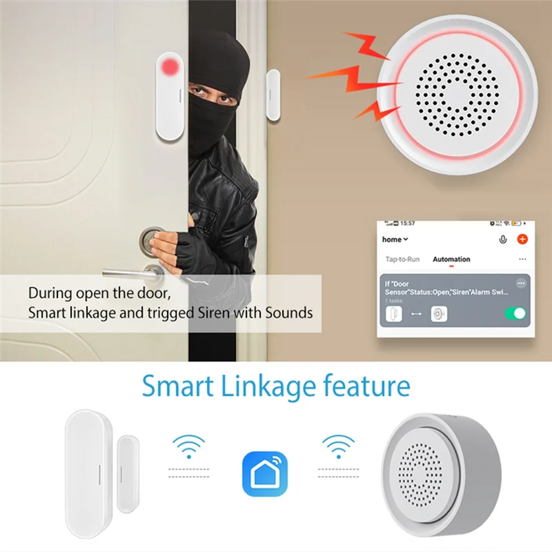 Tuya Alarm Sirene Pintar Sensor Alarm Wifi Peringatan Lampu Suara Sensor Cerdas USB Kompatibel untuk Alexa Google Home