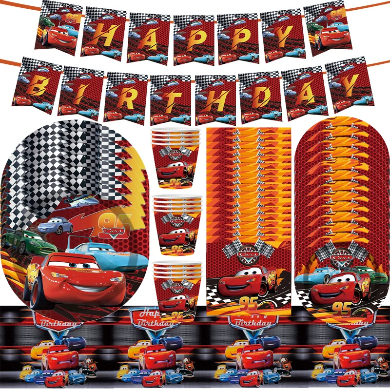 Disney Lightning Mcqueen Party Decorations Cars Foil Banner Disposable Party Tableware Tablecloths Plates Cups Baby Shower Set