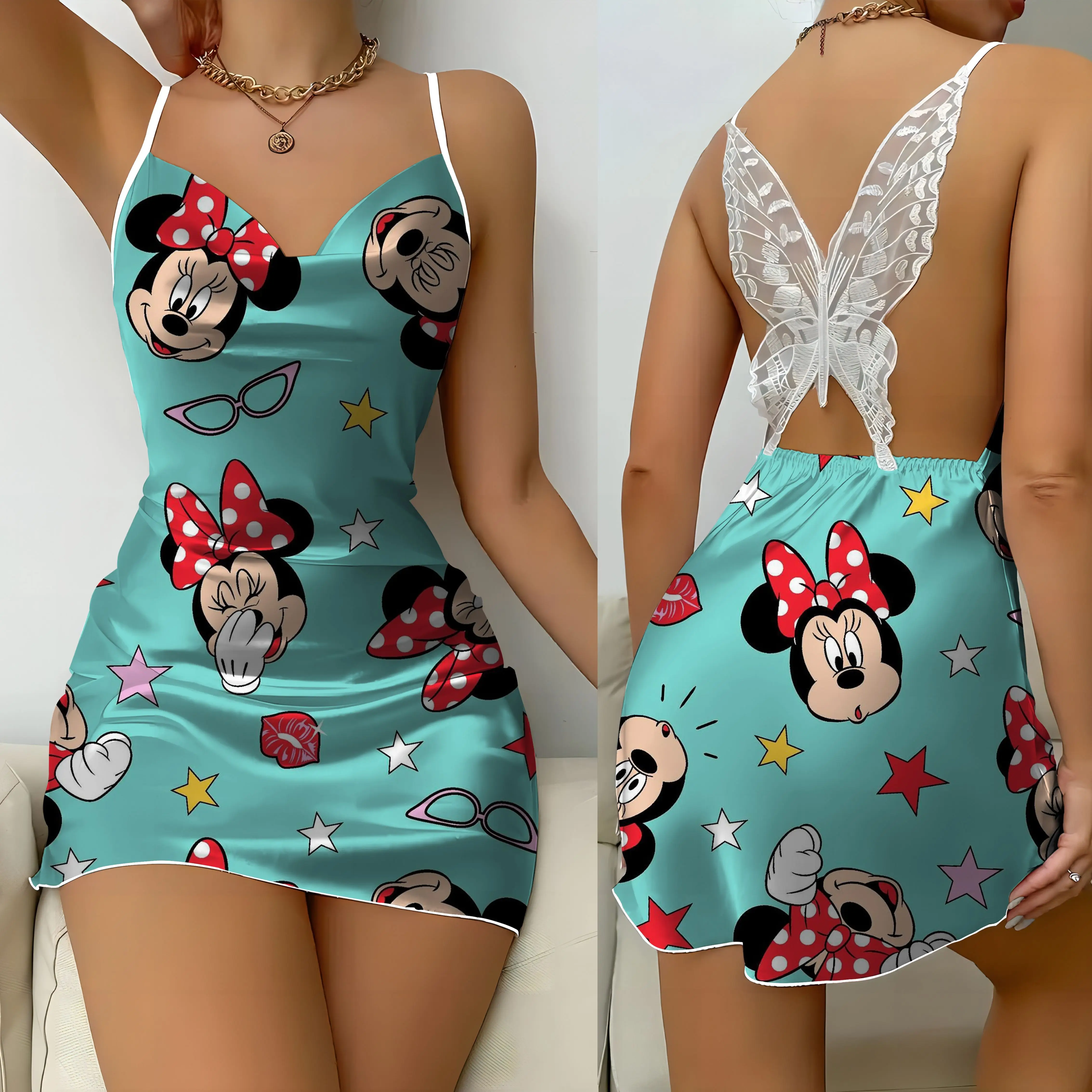 

Womens Dresses Backless Dress Disney Mickey Minnie Mouse Bow Knot Pajama Skirt Satin Surface Fashion Summer 2024 Party Mini Sexy