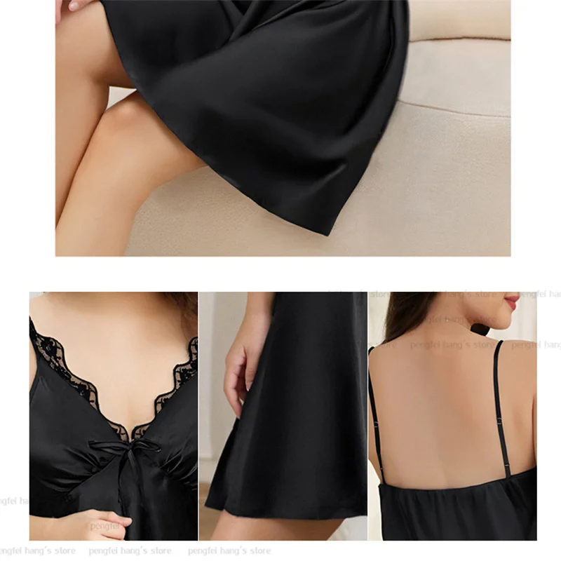 Black Sling Nightgown Women Sexy Lace Trim Sleepwear Big Size 3Xl 4Xl5Xl Homewear Short Lingerie Attractive V-Neck Nightdress