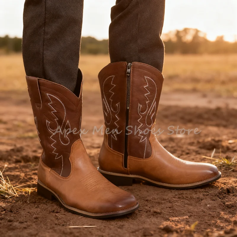 

Brown Cowboy Mid Calf Western Boots Genuine Leather Embroidered Side Zipper Men Shoes Riding Country Casual Wear Vintage Boots