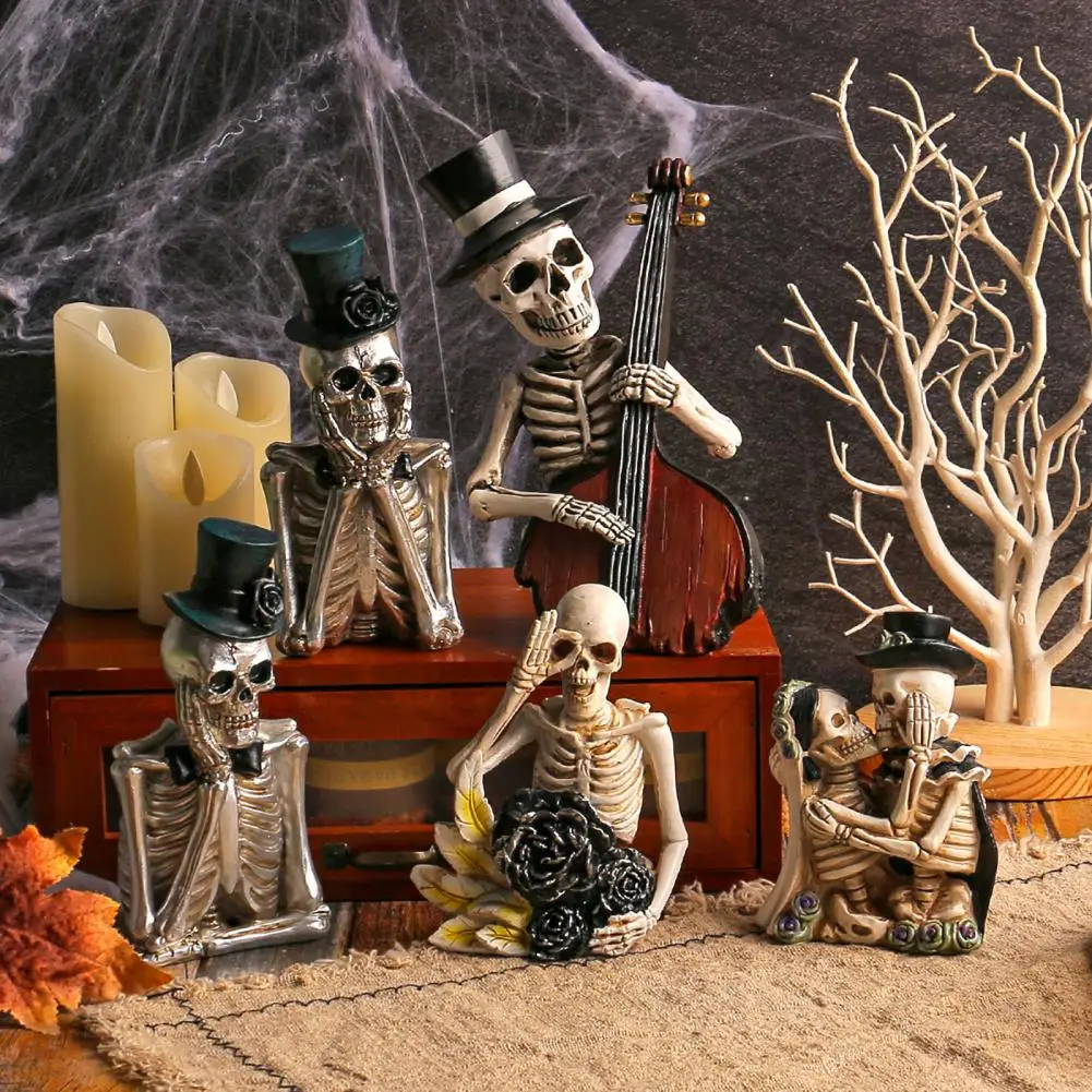 Posture Decorations Cute Halloween Skeleton Ornaments For Home Office Desk Decor Posable Cartoon Skull Figurines With Flower