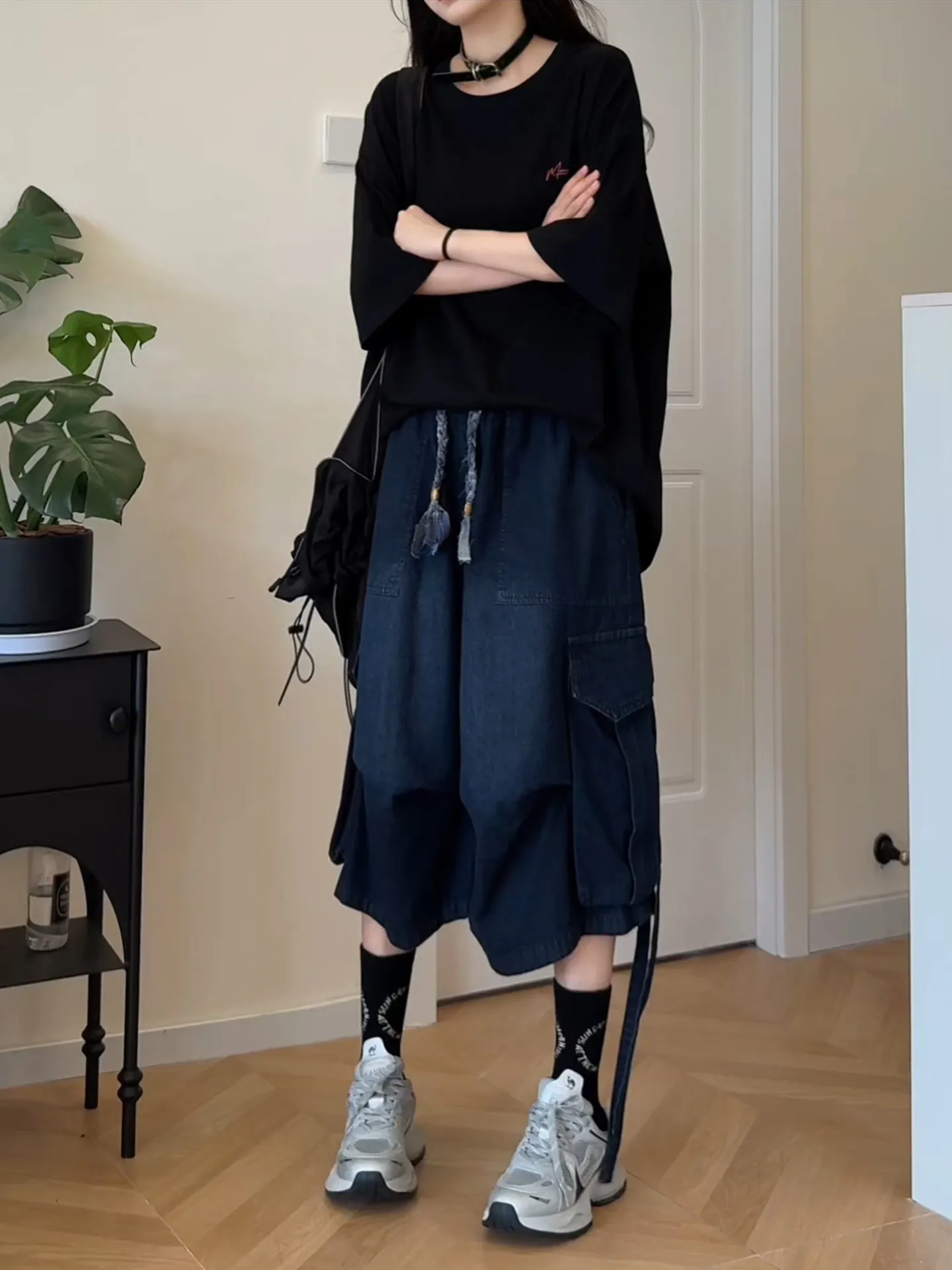 Blue Denim Seven-Foot Pants Men Women Summer Thin Pleated Paratrooper Straight-Cut Mid-Calf American High Street Casual Shorts