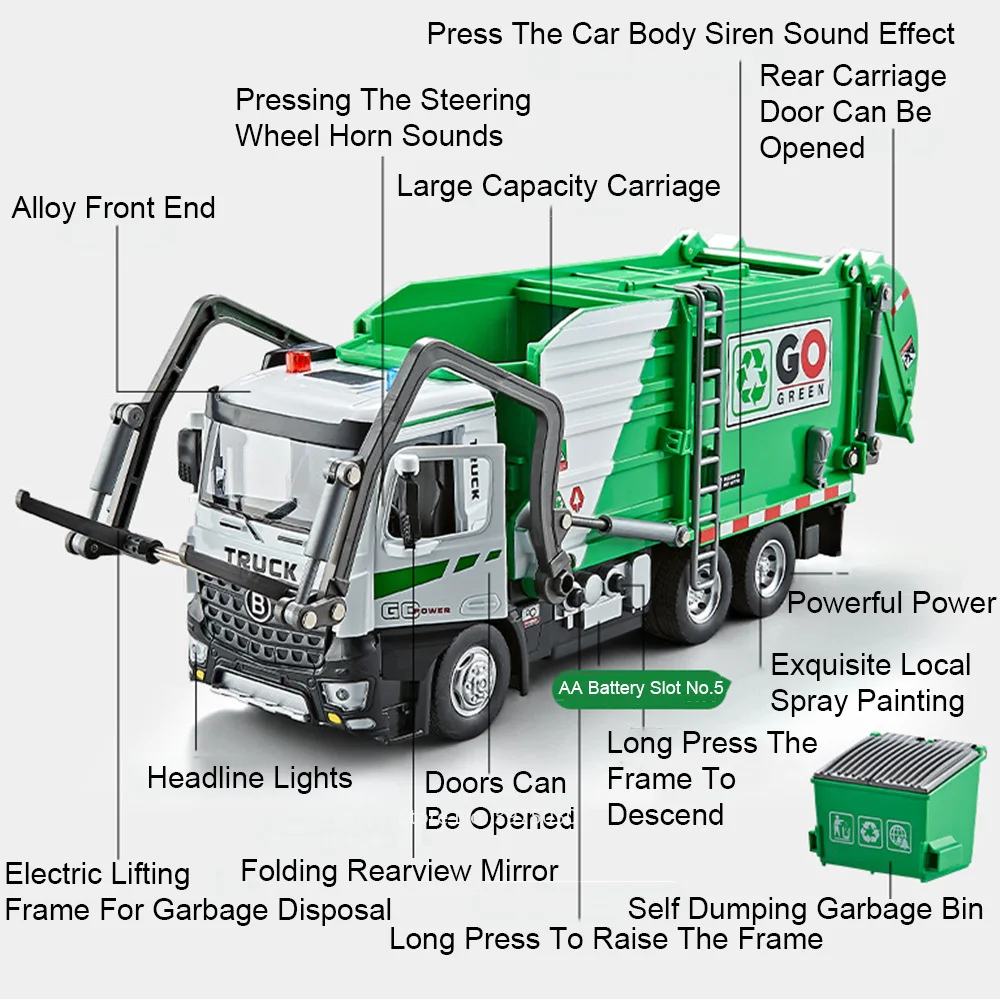 1:18 Electric Sanitation Garbage Truck Toy Cars Model Light Sound Miniature Vehicle Doors Opened Car Children\'s Educational Toys