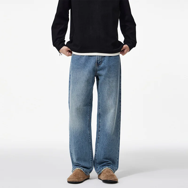 Hksh primavera outono novos homens na moda em linha reta casual elegante jeans chique diário vintage perna larga solta simples calças jeans ins hk11429