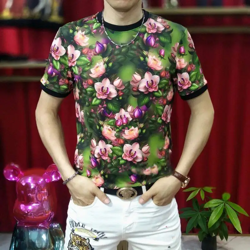Trendy Brand 3D Floral T Shirt For Men Short Sleeve Slim Fit Icy Summer Quality Soft Comfortable Digital Print Elastic Camisetas