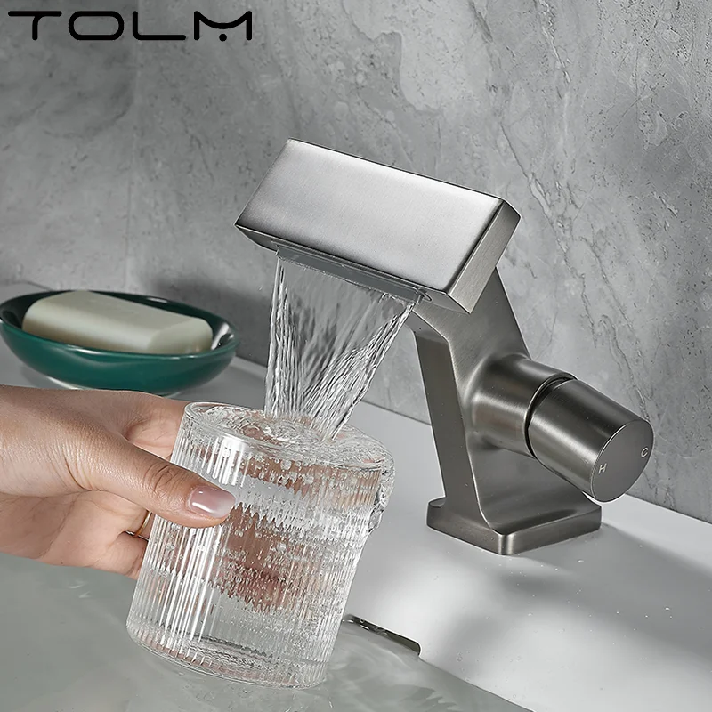 

TOLM New Grey Basin Faucet Brass Bathroom Basin Waterfall Hot Cold Water Mixer Tap Single Handle Crane Chrome Black Mixer Tap