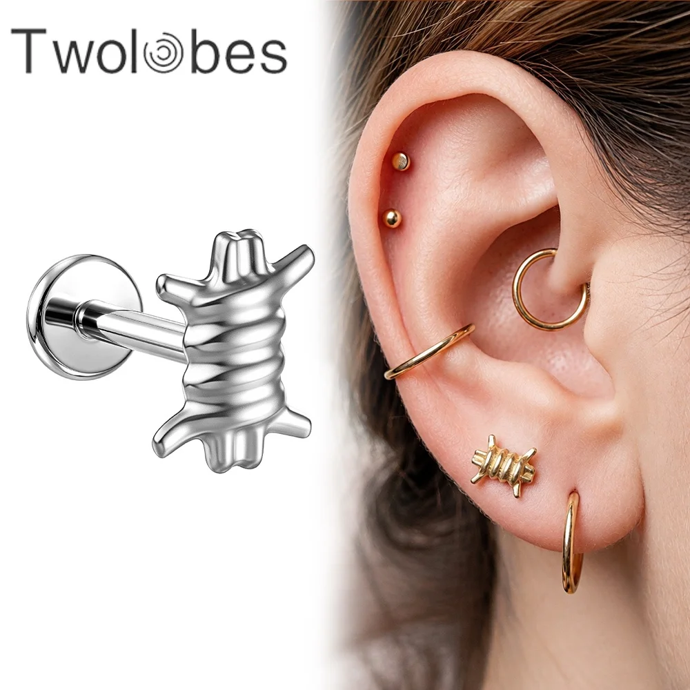 Twolobes 1PC ASTM F136 Titanium Flat Back Earring Barbed Wire Internal Thread Labret Earring Helix Cartilage Piercing Jewelry